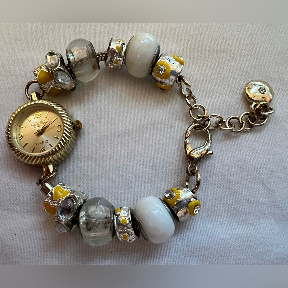 Figaro Couture 7" Quartz Charm Watch + Yellow, Crystals  & Enamel White Beads